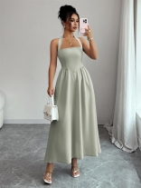 Green Straps Low Cut Sexy Women Pleated Casual Midi Dress