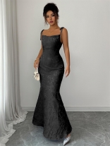 Black Straps Low Cut Lace Bodycon Women Evening Party Prom Long Dress