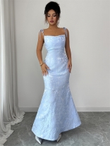 Blue Straps Low Cut Lace Bodycon Women Evening Party Prom Long Dress
