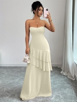 Beige Off Shoulder Pleated Ruffles Mesh Elegant Birthday Party Long Dress