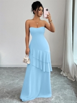 Blue Off Shoulder Pleated Ruffles Mesh Elegant Birthday Party Long Dress