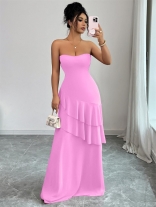 Pink Red Off Shoulder Pleated Ruffles Mesh Elegant Birthday Party Long Dress