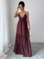 Wine Red Straps V Neck Pleated Backless Casual Vacation Long Dress