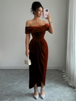 Brown Off Shoulder Vevelt Fashion Pleated Slit Midi Dress
