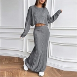 Gray Knit Long Sleeve Cardigan Two Pieces Sweaters Long Skirt Dress Sets