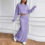 Purple Knit Long Sleeve Cardigan Two Pieces Sweaters Long Skirt Dress Sets
