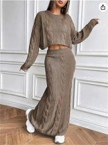 Khaki Knit Long Sleeve Cardigan Two Pieces Sweaters Long Skirt Dress Sets