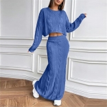 Blue Knit Long Sleeve Cardigan Two Pieces Sweaters Long Skirt Dress Sets