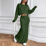 Green Knit Long Sleeve Cardigan Two Pieces Sweaters Long Skirt Dress Sets
