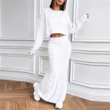 White Knit Long Sleeve Cardigan Two Pieces Sweaters Long Skirt Dress Sets