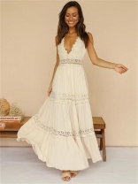 White Sleeveless Deep V Neck Lace Hollow Out Fashion Boho Maxi Dress