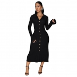 Black Long Sleeve Knitted Single Breasted Office Lady Midi Dress