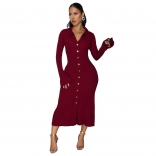 Wine Red Long Sleeve Knitted Single Breasted Office Lady Midi Dress