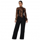Black Leopard Printed Lace Up Two Pieces Women Elegant Pant Sets