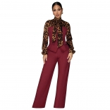 Wine Red Leopard Printed Lace Up Two Pieces Women Elegant Pant Sets