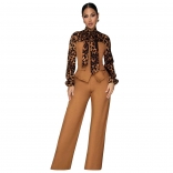 Brown Leopard Printed Lace Up Two Pieces Women Elegant Pant Sets