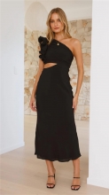 Black One Shoulder Ruffles Cut Out Pleated Women Evening Party Long Dress