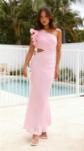 Pink One Shoulder Ruffles Cut Out Pleated Women Evening Party Long Dress