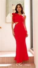 Red One Shoulder Ruffles Cut Out Pleated Women Evening Party Long Dress