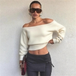 Beige Long Sleeve Knitted Sweater Women Winter Tops