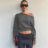 Gray Long Sleeve Knitted Sweater Women Winter Tops