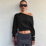 Black Long Sleeve Knitted Sweater Women Winter Tops
