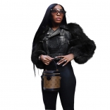 Black Long Sleeve Fur Zipper Faux Leather Street Women Party Jacket