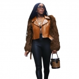 Brown Long Sleeve Fur Zipper Faux Leather Street Women Party Jacket