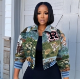 Green Printed Vintage Fall & Winter Casual Short Jacket