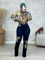 Black Printed Vintage Fall & Winter Casual Short Jacket