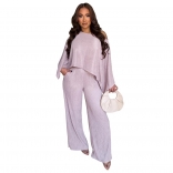 Purple Irregular Two Pieces Women Folds Wide Leg Pant Sets Dress
