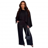 Black Irregular Two Pieces Women Folds Wide Leg Pant Sets Dress