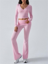 Pink V Neck Knit Crop Tops Two Pieces Women Casual Sports Pant Sets