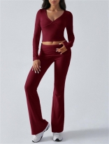 Red V Neck Knit Crop Tops Two Pieces Women Casual Sports Pant Sets