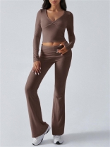 Brown V Neck Knit Crop Tops Two Pieces Women Casual Sports Pant Sets