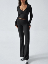 Black V Neck Knit Crop Tops Two Pieces Women Casual Sports Pant Sets
