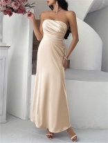 Beige Off Shoulder Satin Elegant Women Party Formal Long Dress