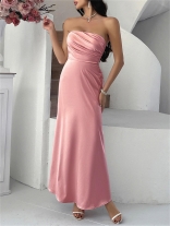 Pink Off Shoulder Satin Elegant Women Party Formal Long Dress