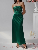 Green Off Shoulder Satin Elegant Women Party Formal Long Dress