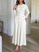 White Single Breasted Knit Women Fashion Elegant Casual Long Dress