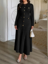 Black Single Breasted Knit Women Fashion Elegant Casual Long Dress