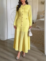 Yellow Single Breasted Knit Women Fashion Elegant Casual Long Dress