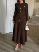Brown Single Breasted Knit Women Fashion Elegant Casual Long Dress