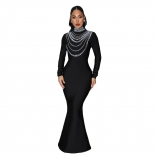 Black Long Sleeve Elegant Rhinestones Bodycon Formal Maxi Dress