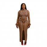 Brown Long Sleeve Diamonds Split Elegant Women Party Club Dress