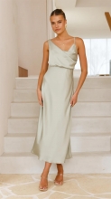 Light Green Straps Low Cut Pleated Luxury Satin Birthday Midi Dress
