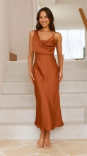 Brown Straps Low Cut Pleated Luxury Satin Birthday Midi Dress