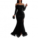 Black Strapless Long Sleeve Low Cut Velvet High Split Evening Long Dress