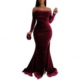 Red Strapless Long Sleeve Low Cut Velvet High Split Evening Long Dress