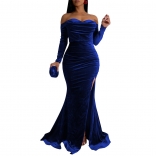 Blue Strapless Long Sleeve Low Cut Velvet High Split Evening Long Dress